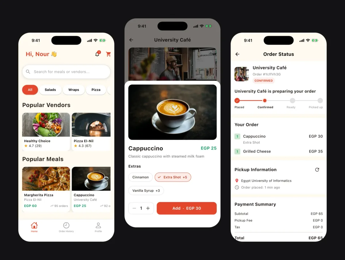CampusBites student app: home, item and live order status