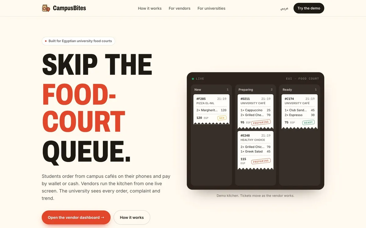 CampusBites landing page with a live order board
