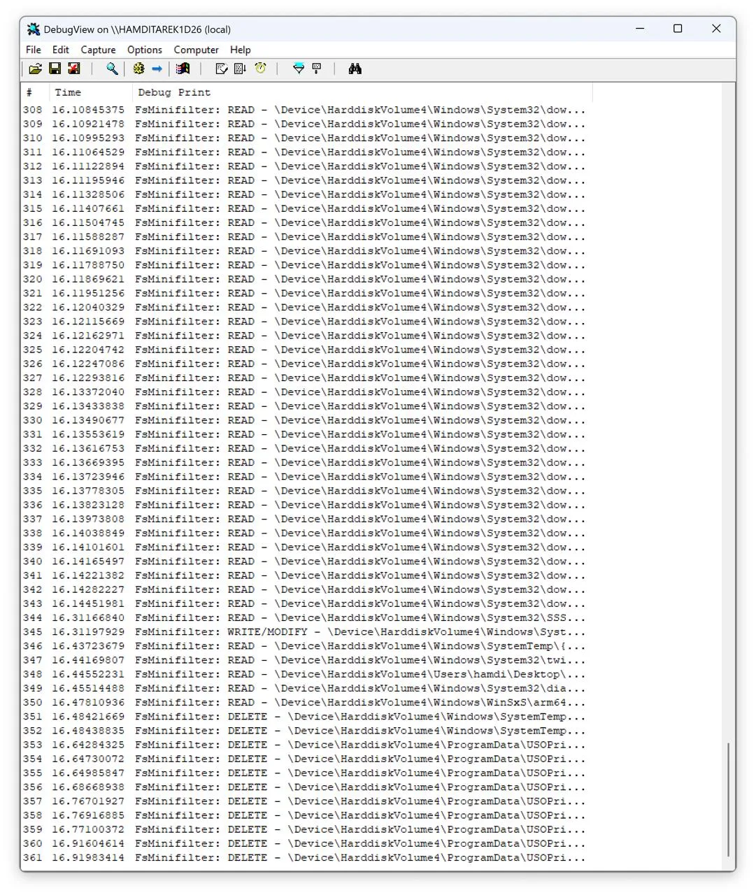 DebugView showing the driver's file events