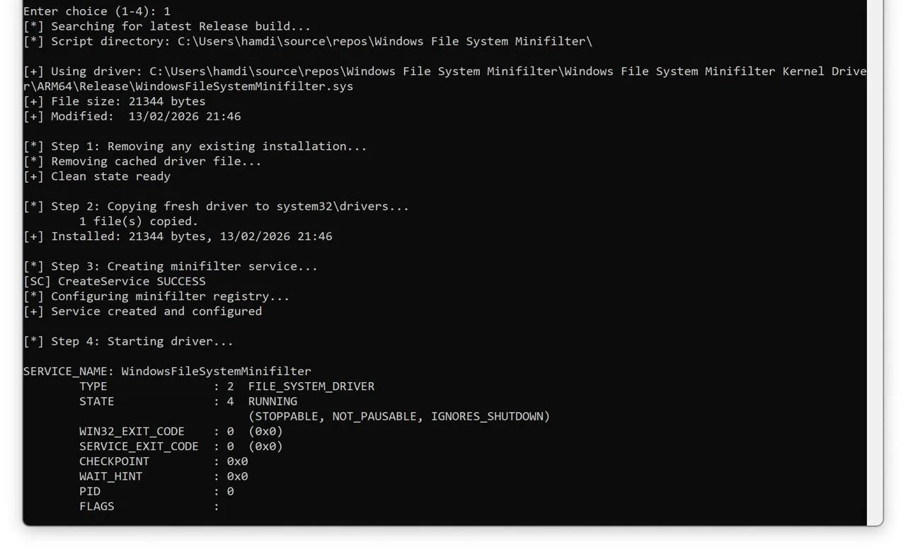 Installing the minifilter driver