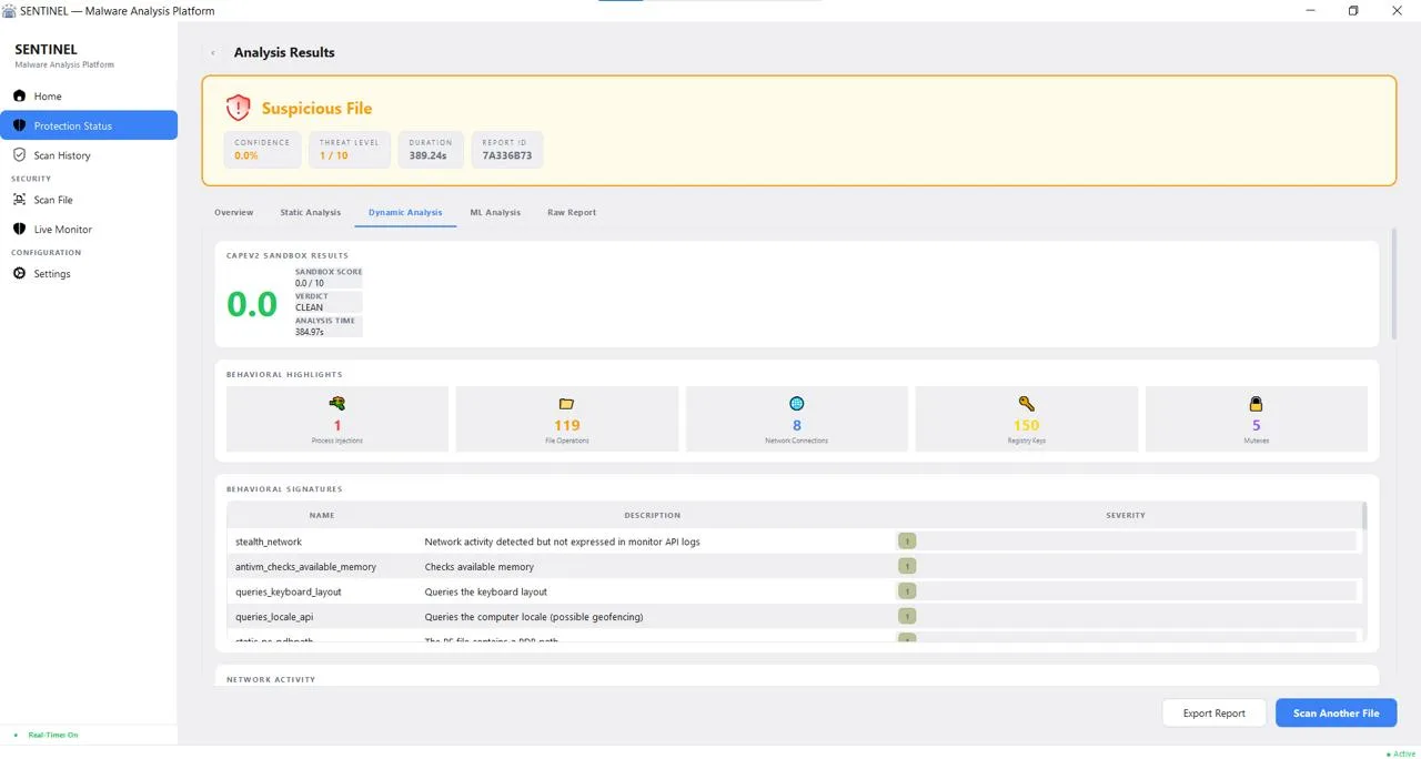 Dynamic analysis tab