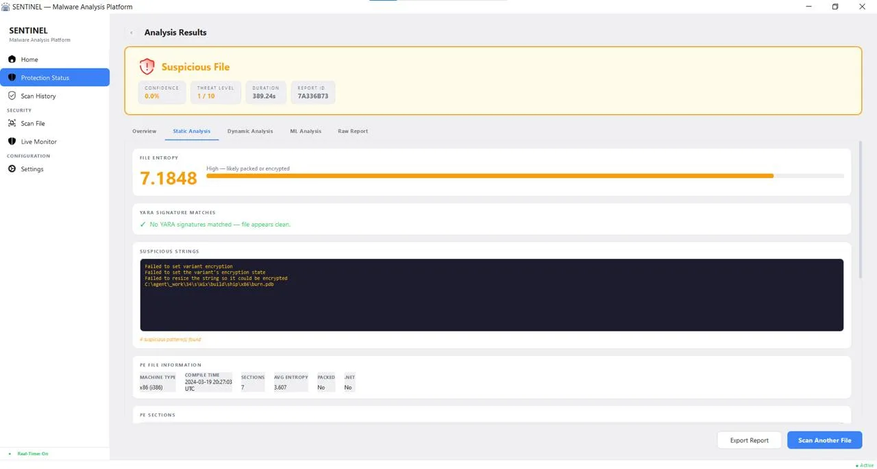 Static analysis tab